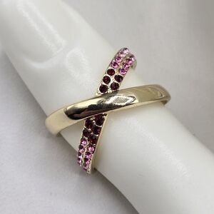 Swarovski Crystal Elements Gold Crossover X Ring Pink Ruby Red Size 7.5 Prom